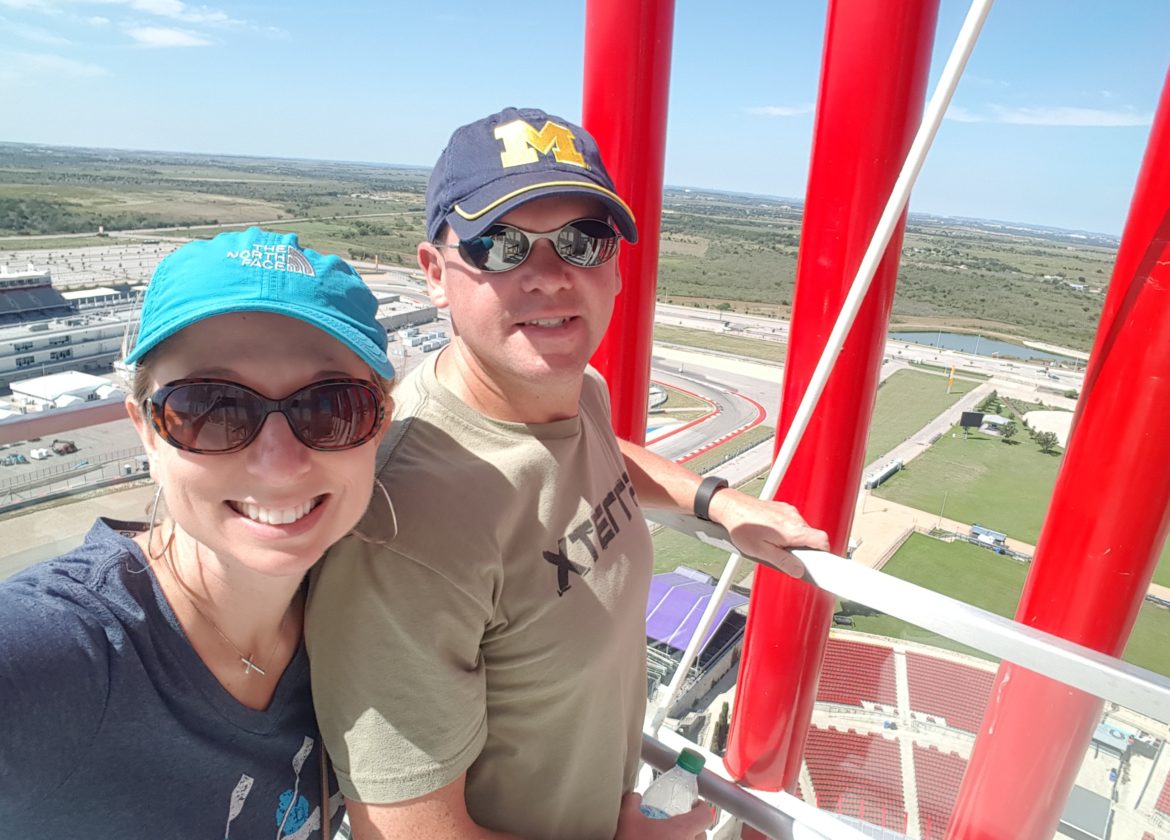 Austin Food & Racing - Michael and Denise on the top of the tower at the racetrack